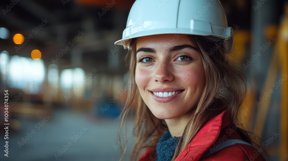 Happy female construction worker wearing a white hard hat and red jacket smiling confidently on a building site, empowered woman in the construction industry, modern engineering Happy female construction worker wearing a white hard hat and red jacket smiling confidently on a building site, empowered woman in the construction industry, modern engineering
