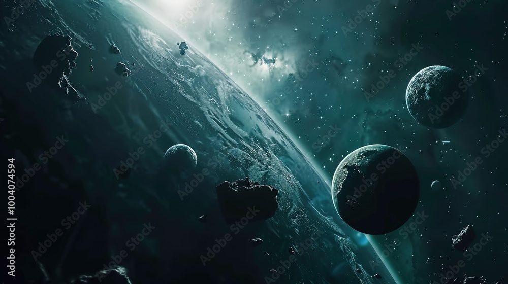 Naklejka premium A display of various celestial bodies in a galaxy, Nebula and galaxies in space. Abstract cosmos background