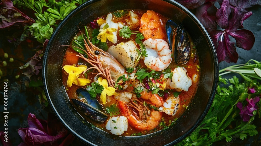A mouthwatering top-down view of bouillabaisse soup, highlighting a mix of seafood in a fragrant broth, presented in a deep bowl surrounded by vibrant garnishes for a colorful dining experience.