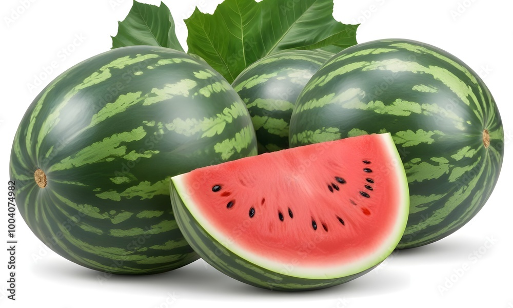 Whole watermelons and a slice of watermelon against a background of large green leaves Whole watermelons and a slice of watermelon against a background of large green leaves