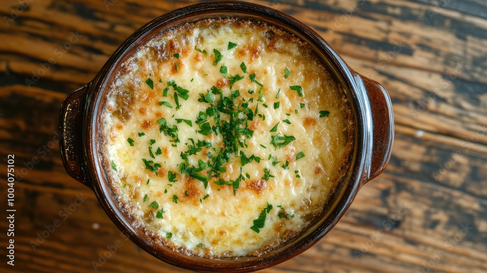 A rustic bowl of French onion soup viewed from above, showcasing the luscious cheese layer and fresh herbs, placed on a textured wooden surface. A rustic bowl of French onion soup viewed from above, showcasing the luscious cheese layer and fresh herbs, placed on a textured wooden surface.
