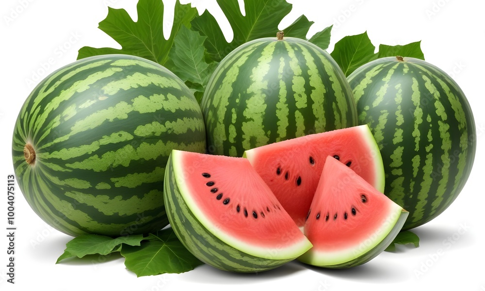 Whole watermelons and a slice of watermelon against a background of large green leaves Whole watermelons and a slice of watermelon against a background of large green leaves
