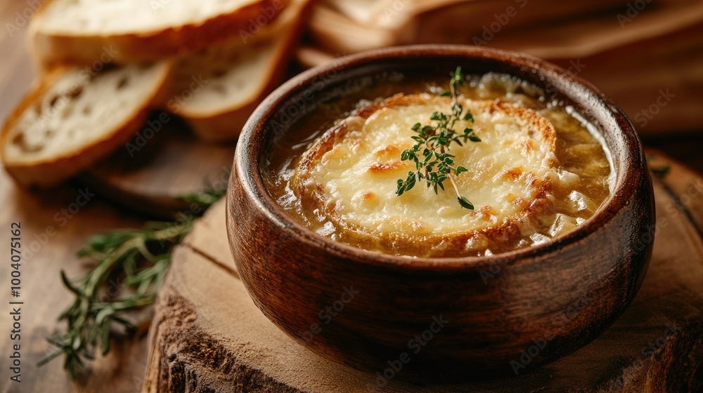 A rustic bowl of French onion soup with toasted bread and cheese, elegantly placed on a wooden surface with natural light, providing excellent copy space. A rustic bowl of French onion soup with toasted bread and cheese, elegantly placed on a wooden surface with natural light, providing excellent copy space.