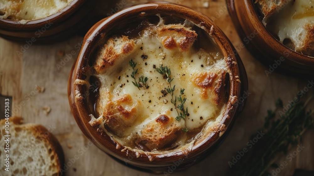 A rustic presentation of French onion soup from a top perspective, showcasing crispy cheese croutons and fresh thyme, ideal for food photography and culinary blogs. A rustic presentation of French onion soup from a top perspective, showcasing crispy cheese croutons and fresh thyme, ideal for food photography and culinary blogs.