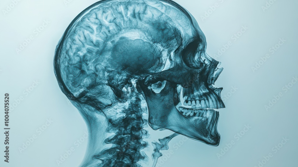 X-ray image of human skull side view. Medical imaging technology, anatomy, brain structure, and scientific research in healthcare diagnostics. X-ray image of human skull side view. Medical imaging technology, anatomy, brain structure, and scientific research in healthcare diagnostics.