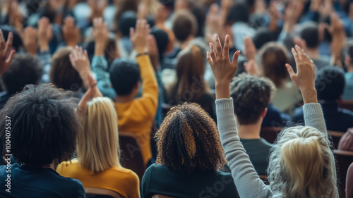 A multi-ethnic crowd of attendees at an international human rights conference, raising their hands in solidarity during a discussion on ending impunity. Ai generated