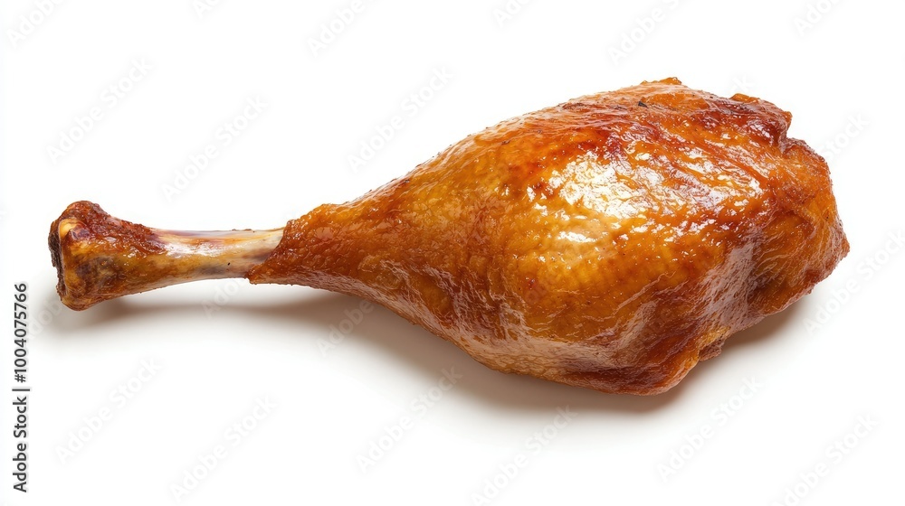 A single, succulent roast duck leg against a white background, emphasizing its crispy texture and juicy meat, perfect for culinary advertisements and recipe illustrations. A single, succulent roast duck leg against a white background, emphasizing its crispy texture and juicy meat, perfect for culinary advertisements and recipe illustrations.
