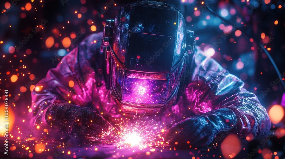 A welder in a colorful universe welding metal object A welder in a colorful universe welding metal object