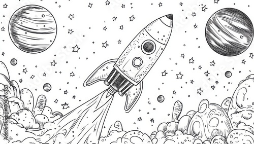 Fototapeta Naklejka Na Ścianę i Meble -  Hand-drawn illustration of a rocket ship taking off into space with planets and stars.