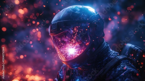 Astronaut engulfed in glowing sparks in cosmic scene. photo