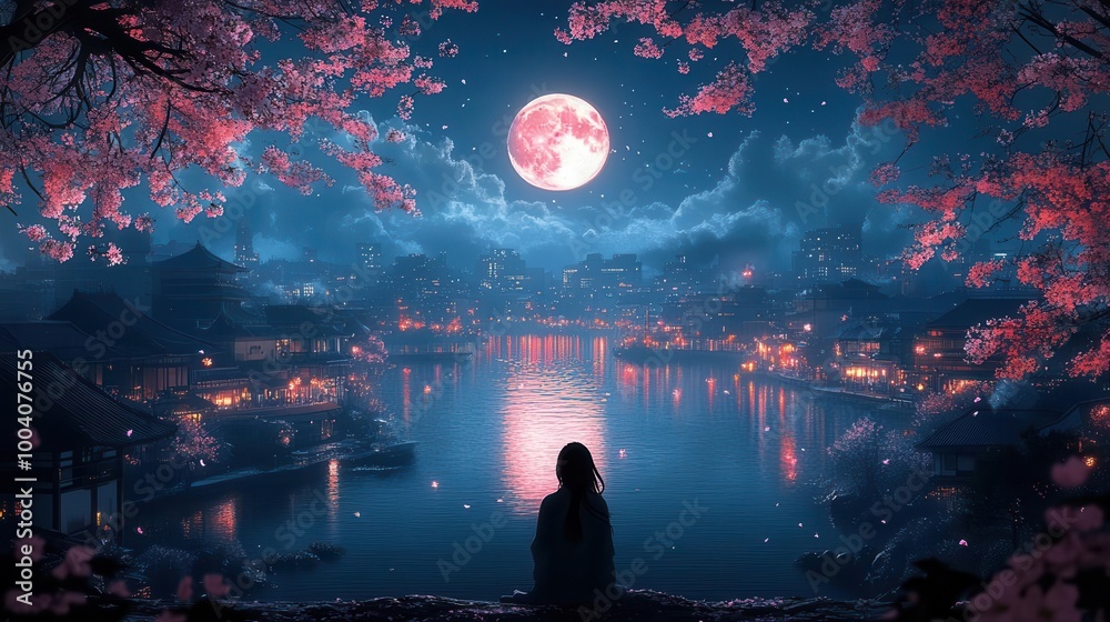 Obraz premium anime girl gazing at a serene moonlit lake in a japanese city surrounded by cherry blossoms her expression filled with wonder and tranquility captured in a dreamy art style