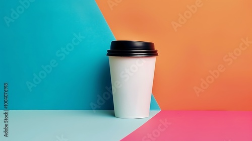 Paper coffee container with black lid white coffee paper cup isolated on colorful background