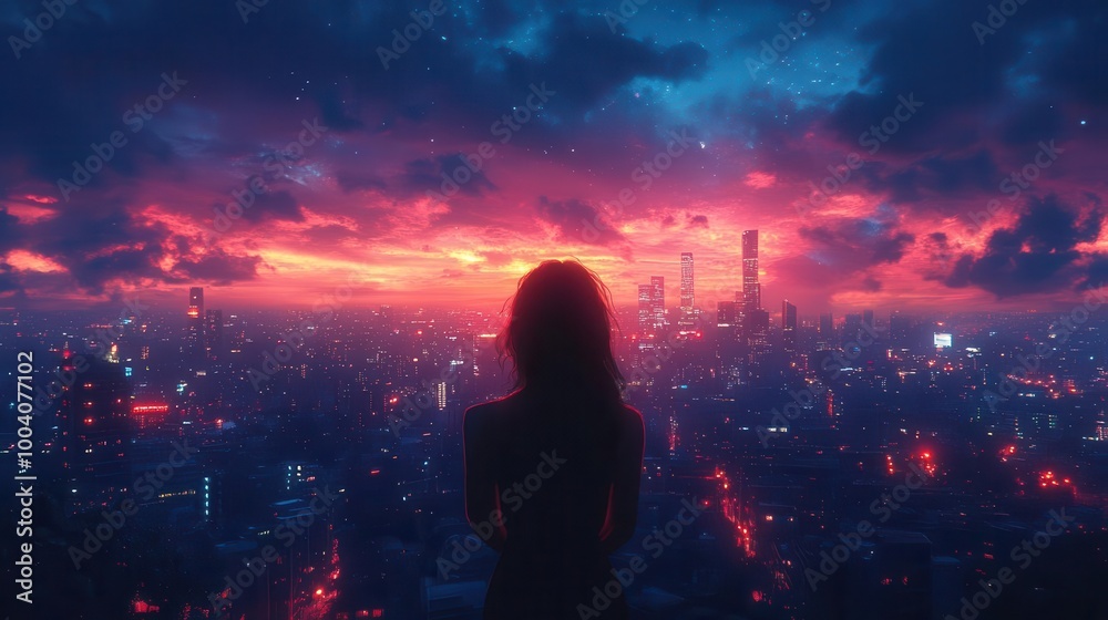anime girl gazing wistfully at a glittering city skyline under a night sky evoking a mix of emotions in a stylized manga aesthetic anime girl gazing wistfully at a glittering city skyline under a night sky evoking a mix of emotions in a stylized manga aesthetic