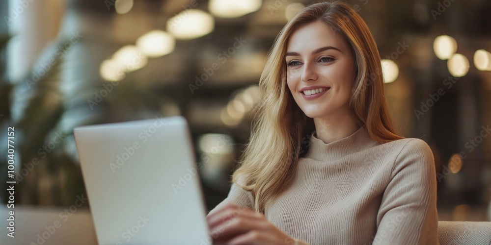 A woman is sitting on a couch and using a laptop. She is smiling and she is happy A woman is sitting on a couch and using a laptop. She is smiling and she is happy