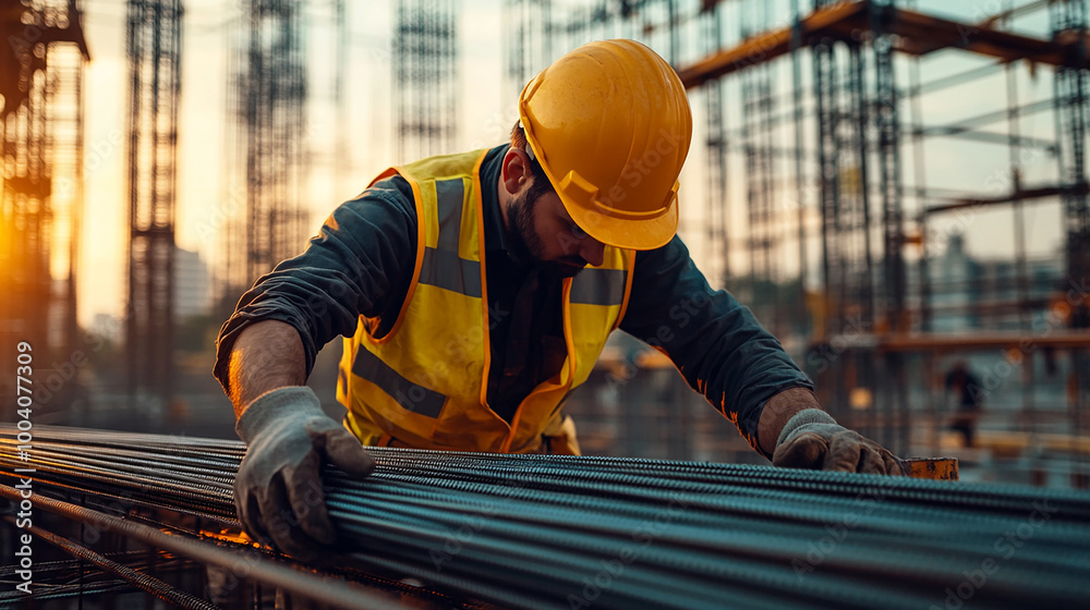 A construction worker wearing a yellow hard hat and safety vest is working on a building site, handling steel rebar. The background shows scaffolding and other construction activities A construction worker wearing a yellow hard hat and safety vest is working on a building site, handling steel rebar. The background shows scaffolding and other construction activities