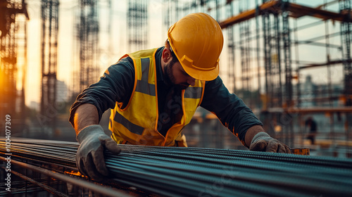 A construction worker wearing a yellow hard hat and safety vest is working on a building site, handling steel rebar. The background shows scaffolding and other construction activities