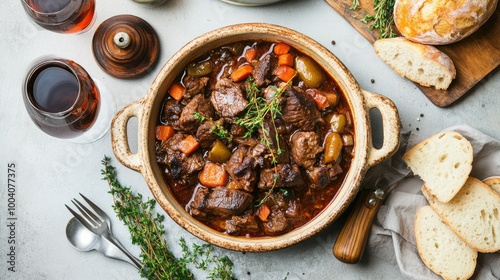 A top view of Boeuf Bourguignon in a rustic dish, with braised beef and vegetables in a rich sauce, surrounded by serving utensils and bread on a grey concrete background.