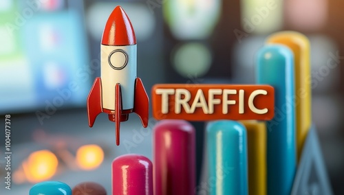 Rocket taking off towards a chart showing rising traffic.