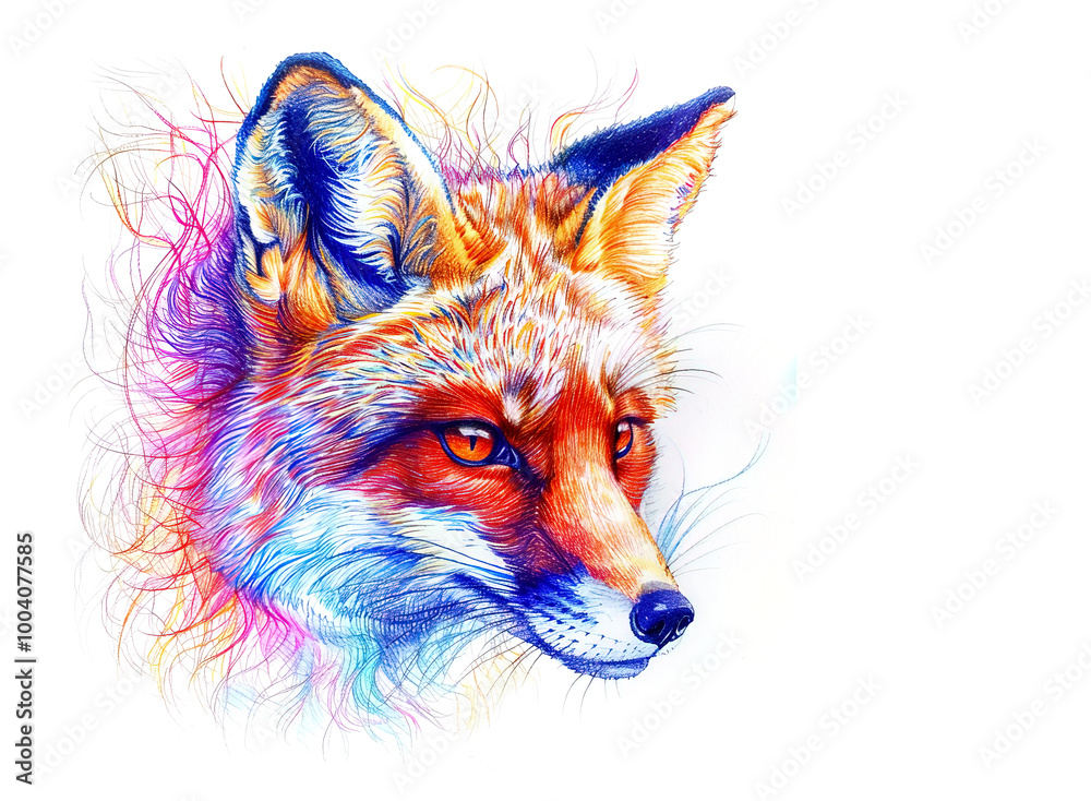 Obraz premium Vibrant, detailed fox portrait in colorful pencil strokes. Captures the sharp gaze and natural beauty of the fox, ideal for wildlife or artistic designs. Animals painting.