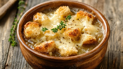 A top view of classic French onion soup, bubbling with golden cheese croutons and garnished with fresh thyme, elegantly served in a rustic bowl on a wooden table.