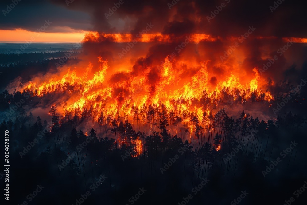 aerial view of a vast forest engulfed in flames orange smoke billowing into the sky depicting the destructive force of a massive wildfire caused by climate change aerial view of a vast forest engulfed in flames orange smoke billowing into the sky depicting the destructive force of a massive wildfire caused by climate change