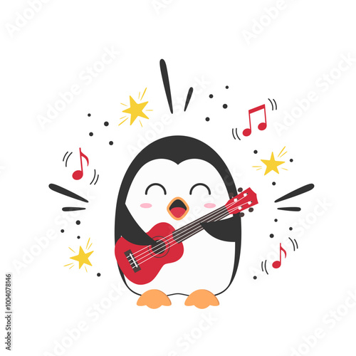 Penguin sings playing ukulele character cartoon happy joy smile music holiday cute vector illustration.