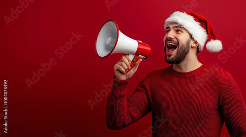 A man in a Santa hat holding a megaphone, dressed in a red sweater, standing against a vibrant red background