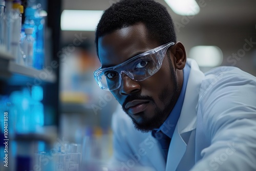 african american pharmaceutical scientist intently focused on a computer screen conducting groundbreaking research in a modern laboratory setting filled with equipment