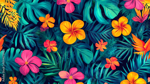 A vibrant tropical pattern featuring leaves and flowers.