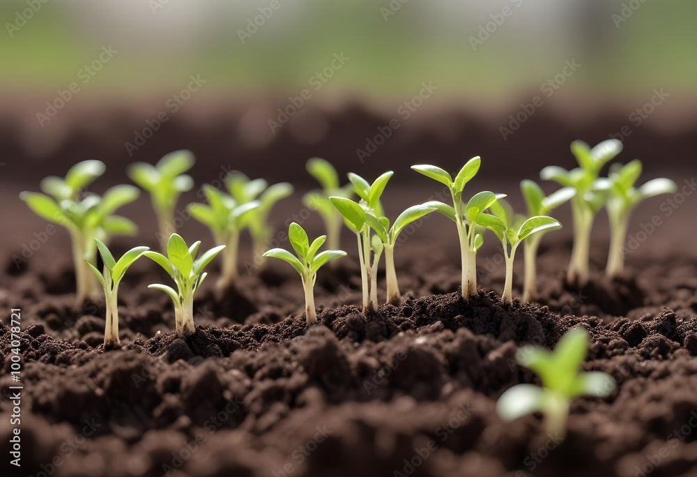 Sprouting plants growing , with soil and a blurred background Sprouting plants growing , with soil and a blurred background