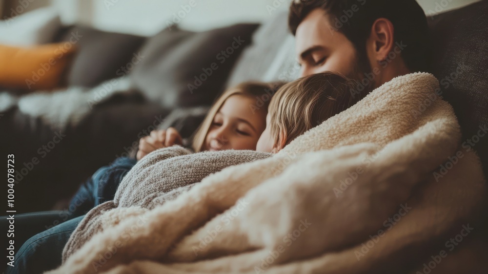 Warm family moments, cozy togetherness on a couch, wrapped in a soft blanket. Warm family moments, cozy togetherness on a couch, wrapped in a soft blanket.
