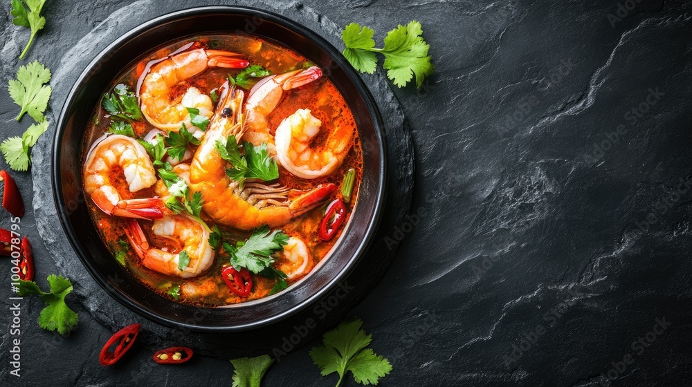 A vibrant top view of tom yum kung, featuring spicy shrimp and aromatic herbs in a sleek black bowl, beautifully arranged on a dark stone background A vibrant top view of tom yum kung, featuring spicy shrimp and aromatic herbs in a sleek black bowl, beautifully arranged on a dark stone background