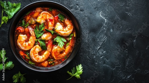 A vibrant top view of tom yum kung, featuring spicy shrimp and aromatic herbs in a sleek black bowl, beautifully arranged on a dark stone background