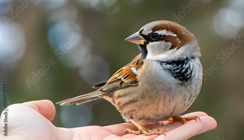 Gentle connection between human and sparrow resting comfortably in palm photo