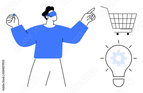 Man wearing virtual reality headset points toward a shopping cart and light bulb with gear inside. Ideal for technology, innovation, virtual reality, online shopping, futuristic concepts. Minimalist