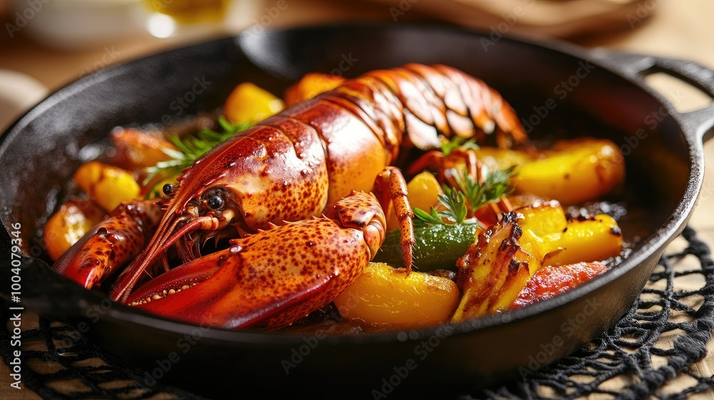 A whole Maine lobster, beautifully broiled to perfection, served with a colorful vegetable side dish in a cast iron pan, elegantly displayed over a black detailed fabric placemat in warm, A whole Maine lobster, beautifully broiled to perfection, served with a colorful vegetable side dish in a cast iron pan, elegantly displayed over a black detailed fabric placemat in warm,
