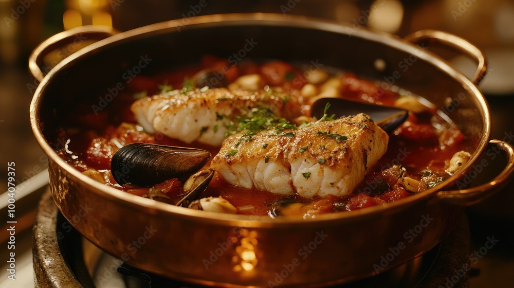 A warm presentation of traditional French bouillabaisse, highlighting tender cod fish and mussels in a rich red wine tomato sauce, served in a rustic copper casserole for an elegant touch. A warm presentation of traditional French bouillabaisse, highlighting tender cod fish and mussels in a rich red wine tomato sauce, served in a rustic copper casserole for an elegant touch.