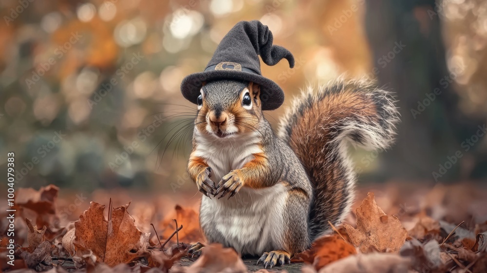 Fototapeta premium A whimsical squirrel wearing a witch hat amidst autumn leaves, showcasing the spirit of Halloween in a delightful woodland setting.