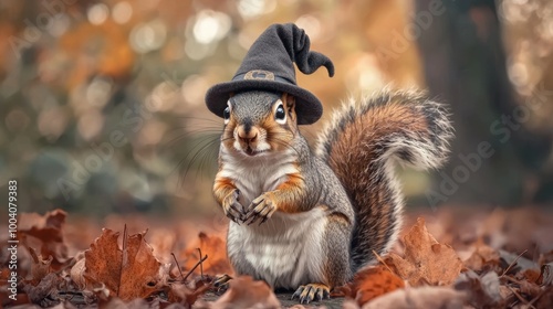 A whimsical squirrel wearing a witch hat amidst autumn leaves, showcasing the spirit of Halloween in a delightful woodland setting.