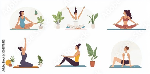 The concept of yoga class or exercise at home is shown in flat design. The model is practicing asanas, completing workouts, and training stretching skills in a healthy lifestyle.