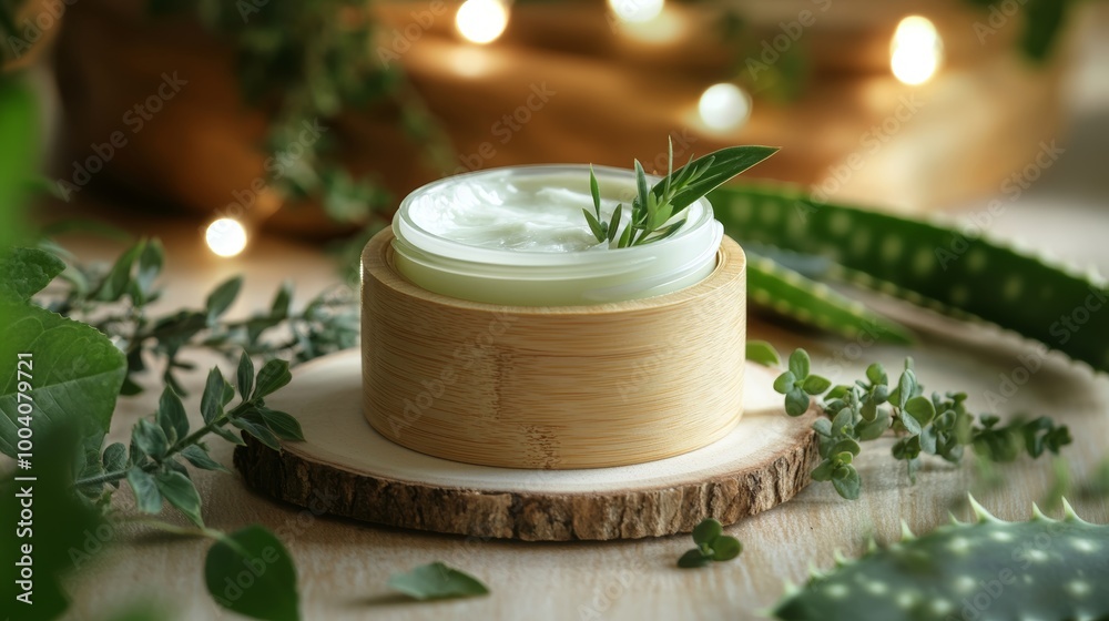 Natural Beauty Cream in Wooden Jar with Green Plants. Natural Beauty Cream in Wooden Jar with Green Plants.