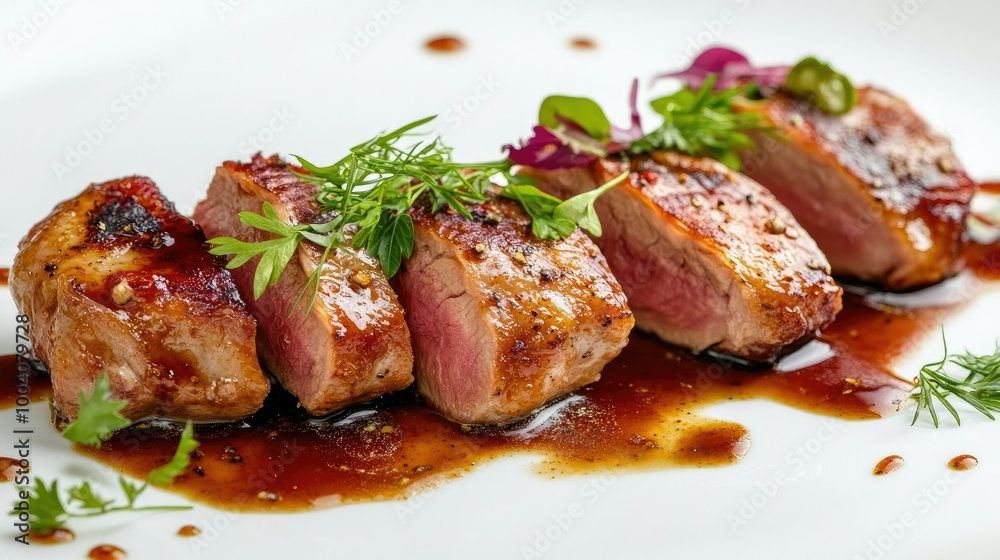 An artistic presentation of roasted duck breast with sauce and fresh herbs, captured against a white background, highlighting the dish's exquisite colors and textures. An artistic presentation of roasted duck breast with sauce and fresh herbs, captured against a white background, highlighting the dish's exquisite colors and textures.