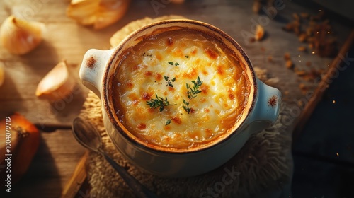 An artistic presentation of French onion soup viewed from the top, featuring golden-brown onions and fresh thyme, perfect for culinary blogs and recipe illustrations.