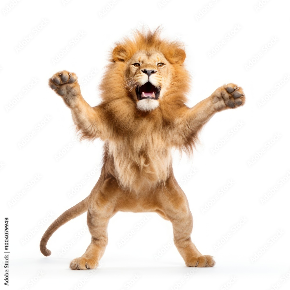 Obraz premium Happy smiling dancing lion mammal animal white background.