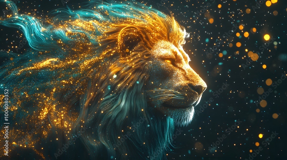 Naklejka premium A lion's head with a long, flowing mane of glowing gold and teal, set against the backdrop of stars in space