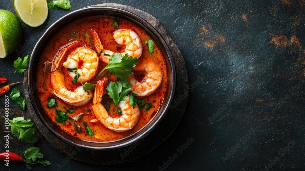 An elegant bowl of spicy tom yum kung with shrimp on a dark stone background, filled with vibrant colors and textures, providing ample copy space for marketing needs. An elegant bowl of spicy tom yum kung with shrimp on a dark stone background, filled with vibrant colors and textures, providing ample copy space for marketing needs.