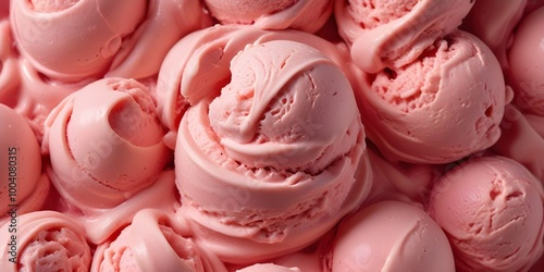 Close-up of strawberry ice cream with a swirled texture and vibrant, pink color