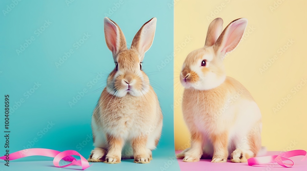 Fototapeta premium Two Easter bunnies with ribbons isolated on colorful background