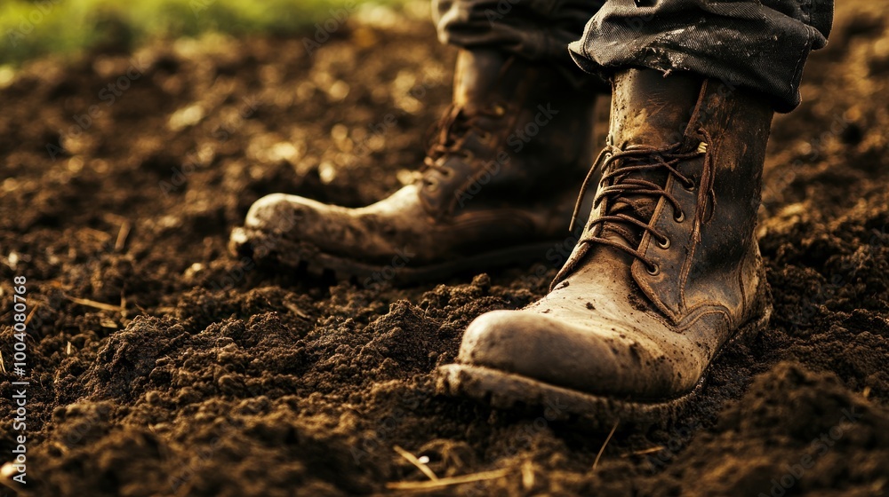 A close-up of worn boots standing on rich, dark soil, suggesting outdoor work or farming. A close-up of worn boots standing on rich, dark soil, suggesting outdoor work or farming.