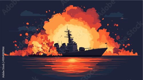 Illustration of a warship. Warship. Sea battle.